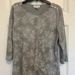Liz Claiborne Gray Floral Work Top Button Shoulder 3/4 Sleeve Size L